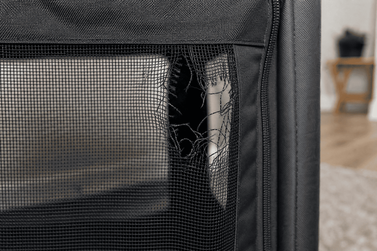 Torn mesh panel on pet playpen